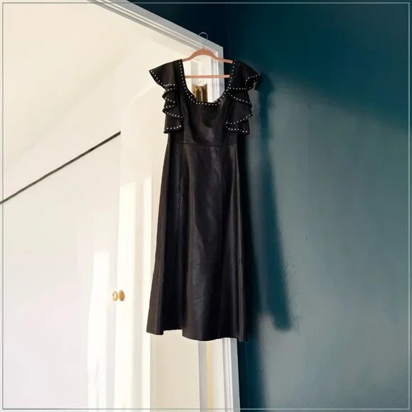 $8990 Alexander McQueen Studded Trim Lamb Leather Ruffle Runway Midi Dress - Picture 6 of 11